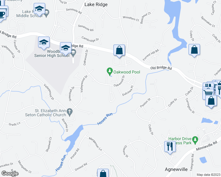 map of restaurants, bars, coffee shops, grocery stores, and more near 12649 Castile Court in Woodbridge