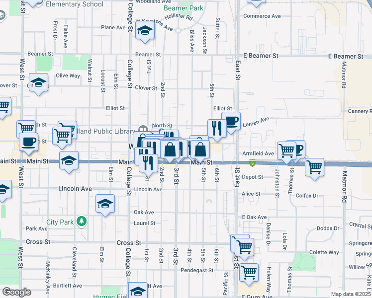 map of restaurants, bars, coffee shops, grocery stores, and more near 812 Court Street in Woodland
