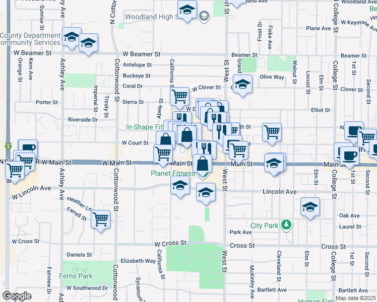 map of restaurants, bars, coffee shops, grocery stores, and more near 62 West Court Street in Woodland