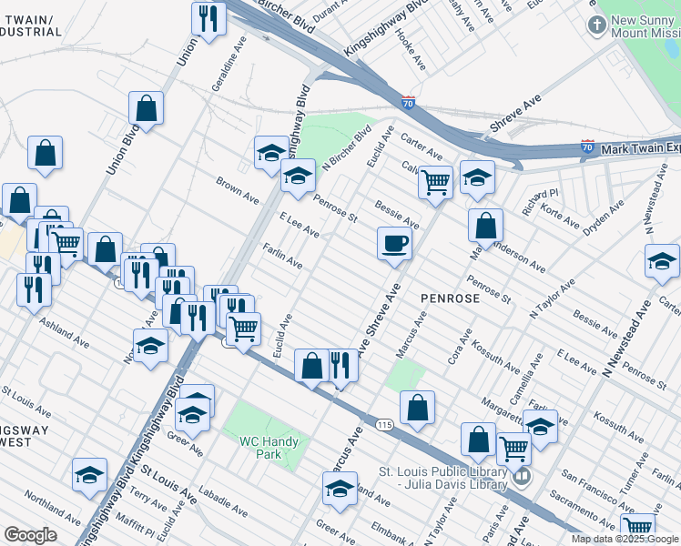 map of restaurants, bars, coffee shops, grocery stores, and more near 4874 Kossuth Avenue in St. Louis