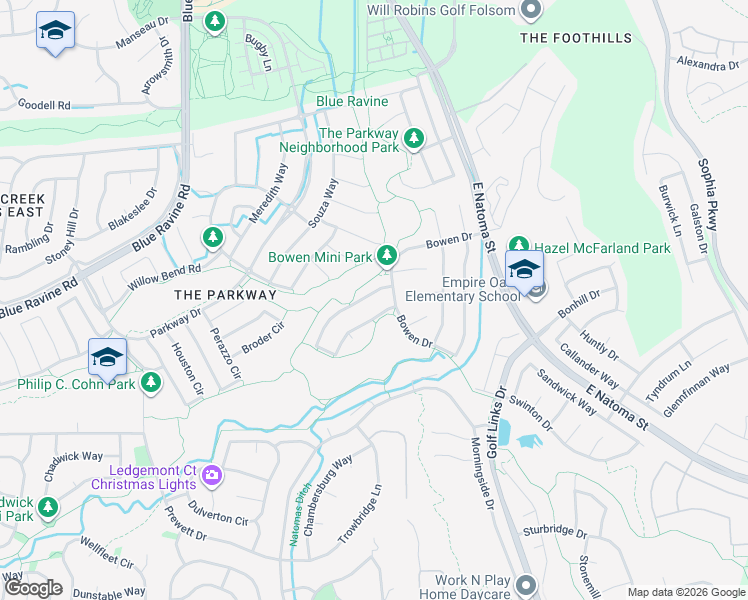 map of restaurants, bars, coffee shops, grocery stores, and more near 1645 Manasco Circle in Folsom