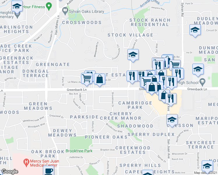 map of restaurants, bars, coffee shops, grocery stores, and more near 6953 Greenback Lane in Citrus Heights