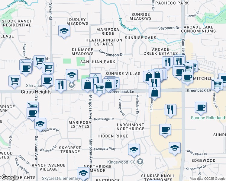 map of restaurants, bars, coffee shops, grocery stores, and more near 7683 Greenback Lane in Citrus Heights