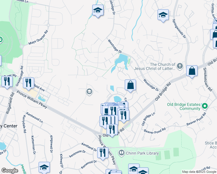 map of restaurants, bars, coffee shops, grocery stores, and more near 12687 Perchance Terrace in Woodbridge