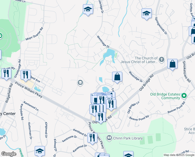 map of restaurants, bars, coffee shops, grocery stores, and more near 12687 Perchance Terrace in Woodbridge