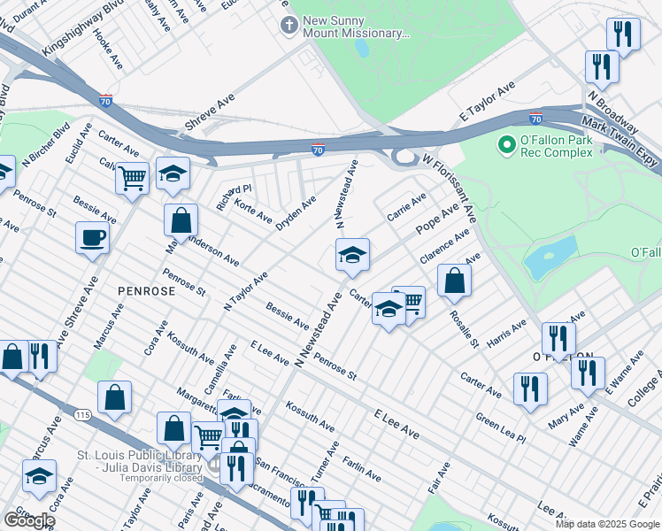 map of restaurants, bars, coffee shops, grocery stores, and more near 4411 North Newstead Avenue in St. Louis