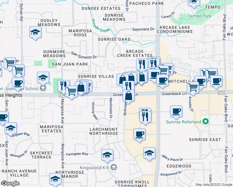 map of restaurants, bars, coffee shops, grocery stores, and more near 7772 Greenback Lane in Citrus Heights