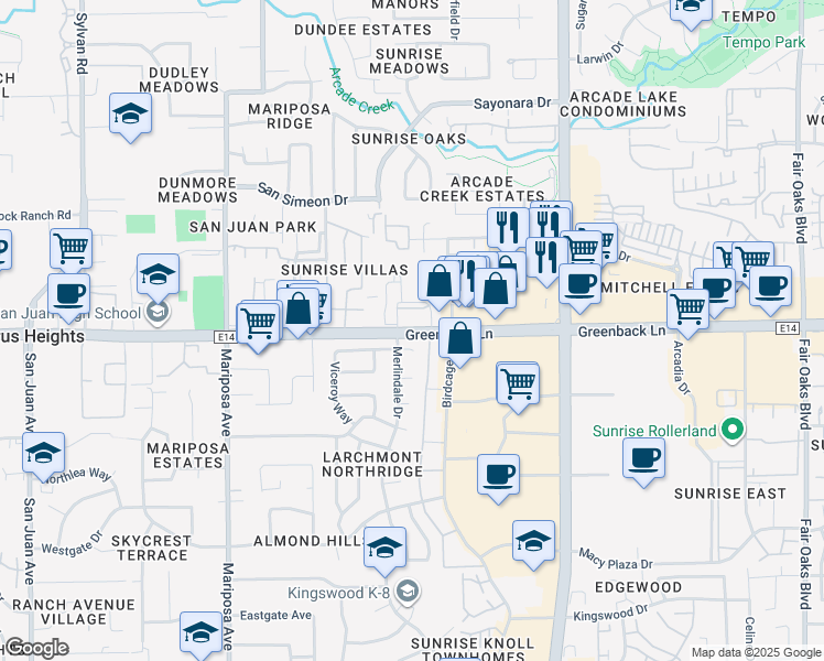 map of restaurants, bars, coffee shops, grocery stores, and more near 7772 Greenback Lane in Citrus Heights