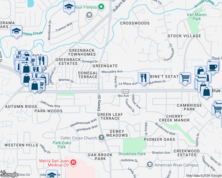 map of restaurants, bars, coffee shops, grocery stores, and more near 6209 Paris Street in Citrus Heights