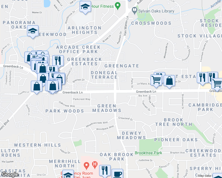 map of restaurants, bars, coffee shops, grocery stores, and more near 6544 Bremen Drive in Citrus Heights