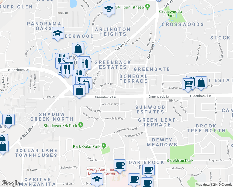 map of restaurants, bars, coffee shops, grocery stores, and more near 6214 Longford Drive in Citrus Heights