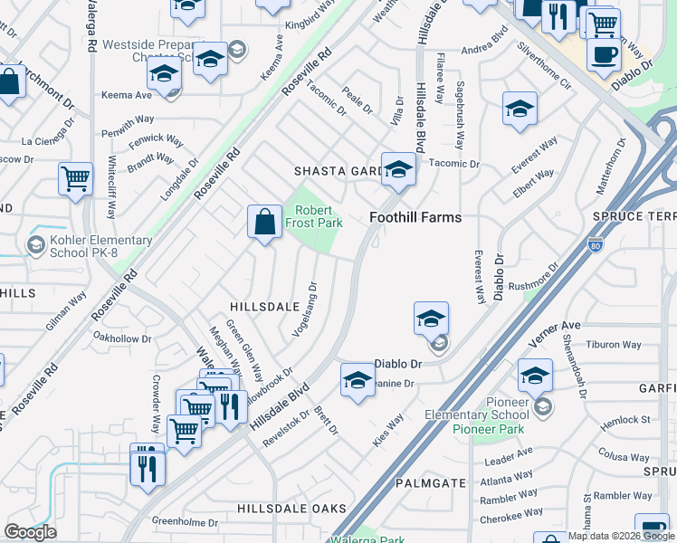 map of restaurants, bars, coffee shops, grocery stores, and more near in Foothill Farms