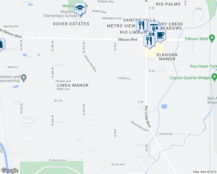 map of restaurants, bars, coffee shops, grocery stores, and more near 6078 Marysville Boulevard in Rio Linda