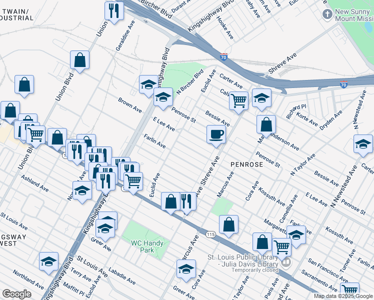 map of restaurants, bars, coffee shops, grocery stores, and more near 4893 Kossuth Avenue in St. Louis