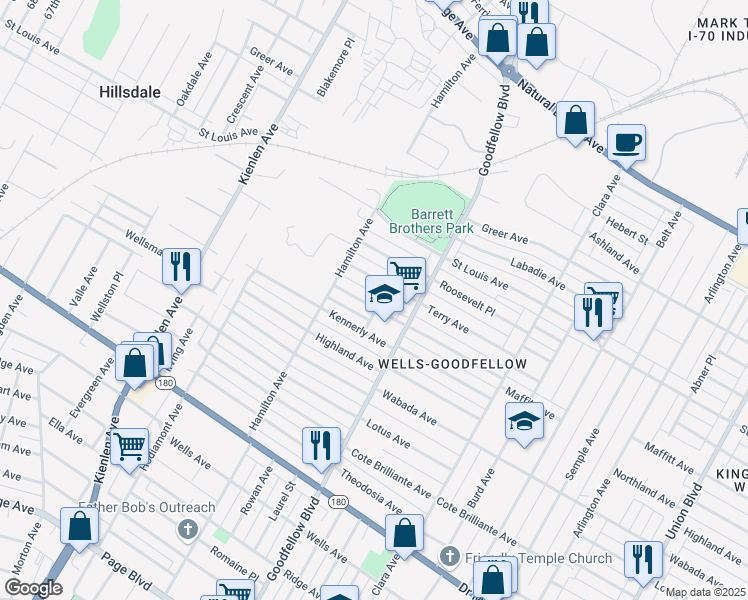 map of restaurants, bars, coffee shops, grocery stores, and more near 5864 Terry Avenue in St. Louis