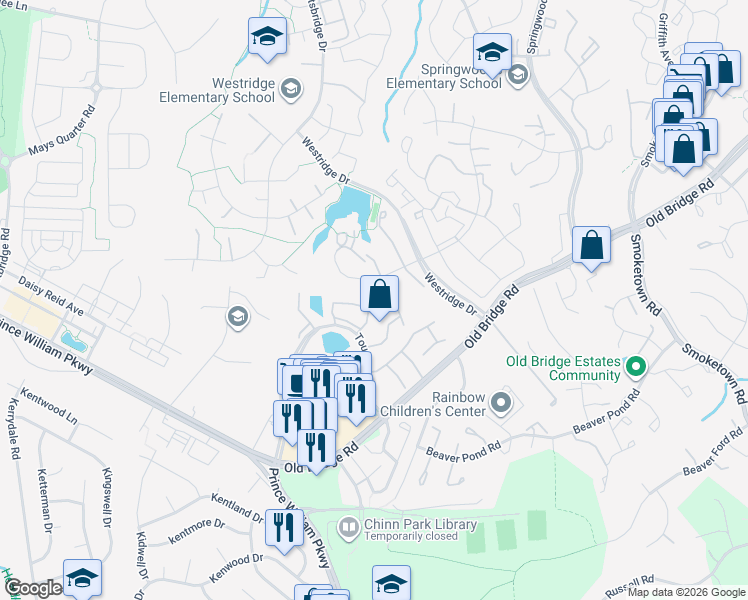 map of restaurants, bars, coffee shops, grocery stores, and more near 12794 Silvia Loop in Woodbridge