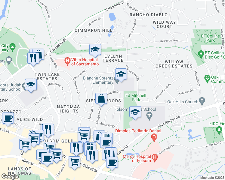 map of restaurants, bars, coffee shops, grocery stores, and more near 264 Flower Drive in Folsom