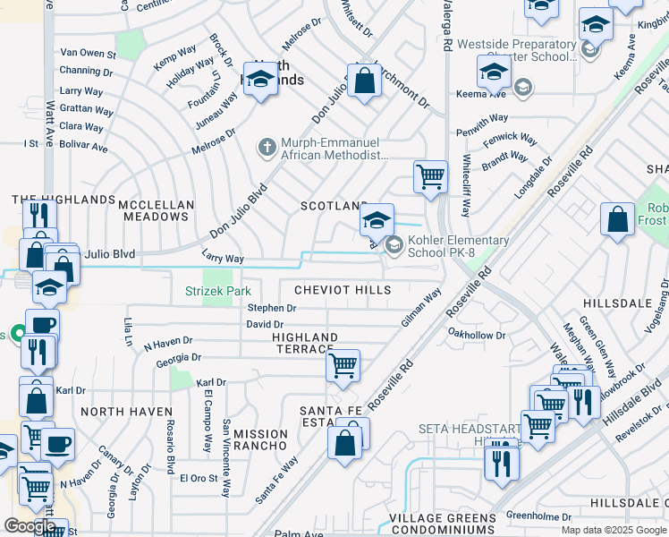 map of restaurants, bars, coffee shops, grocery stores, and more near 5901 Larry Way in North Highlands