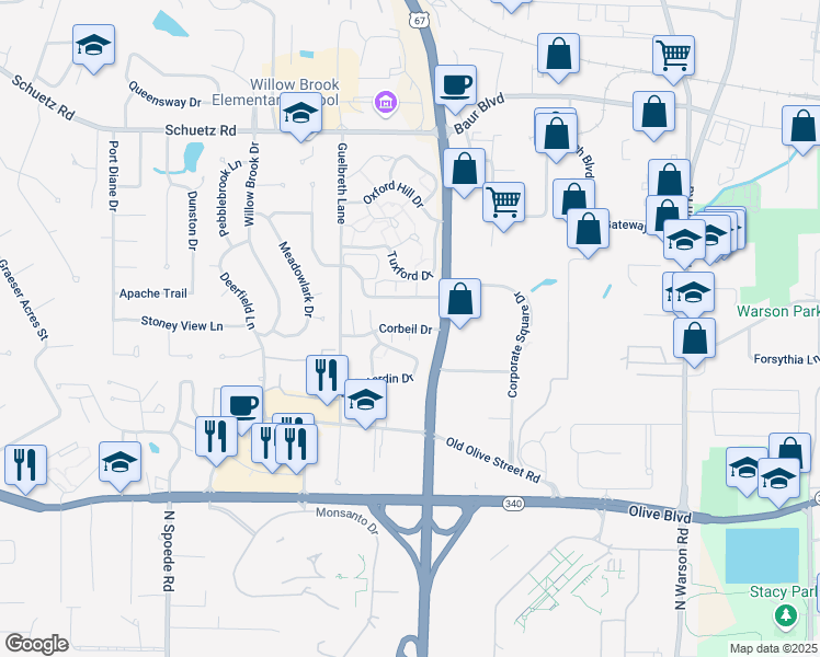 map of restaurants, bars, coffee shops, grocery stores, and more near 10361 Corbeil Drive in Saint Louis