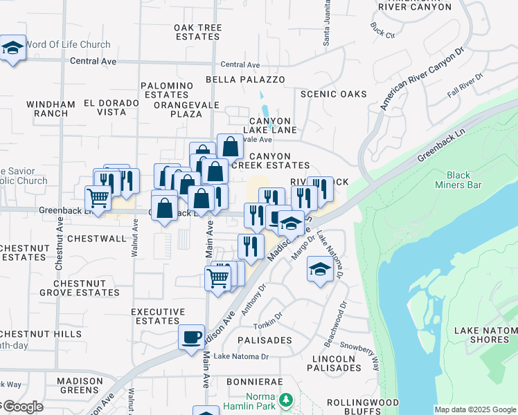 map of restaurants, bars, coffee shops, grocery stores, and more near 9447 Greenback Lane in Orangevale