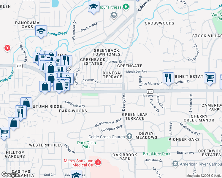 map of restaurants, bars, coffee shops, grocery stores, and more near 6518 Bremen Drive in Citrus Heights