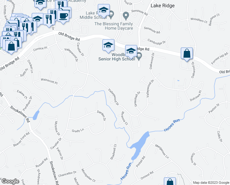 map of restaurants, bars, coffee shops, grocery stores, and more near 12836 Valleywood Drive in Woodbridge
