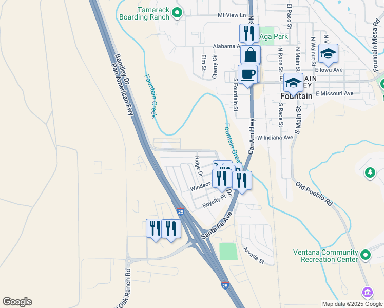 map of restaurants, bars, coffee shops, grocery stores, and more near 504 Crest Street in Fountain