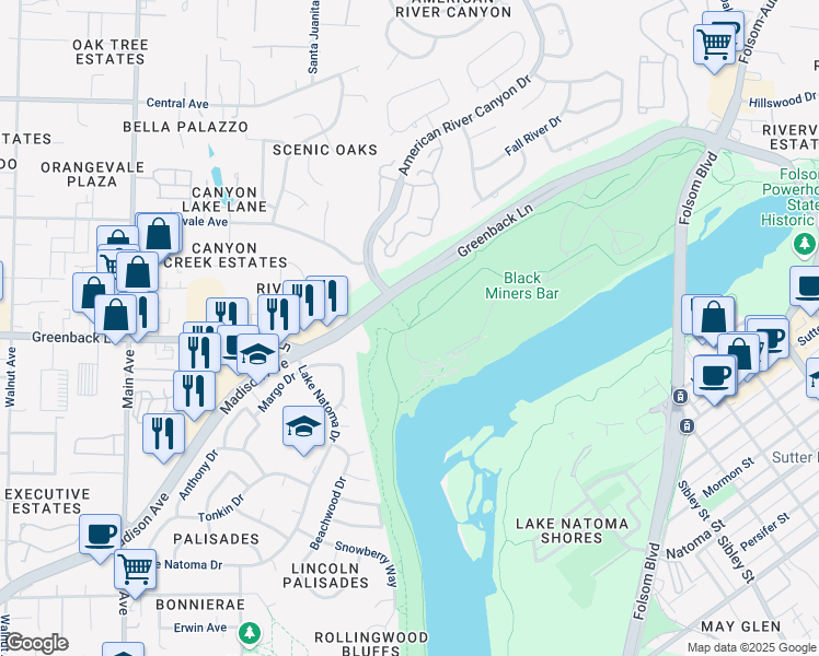 map of restaurants, bars, coffee shops, grocery stores, and more near Jedediah Smith Memorial Trail in Sacramento County