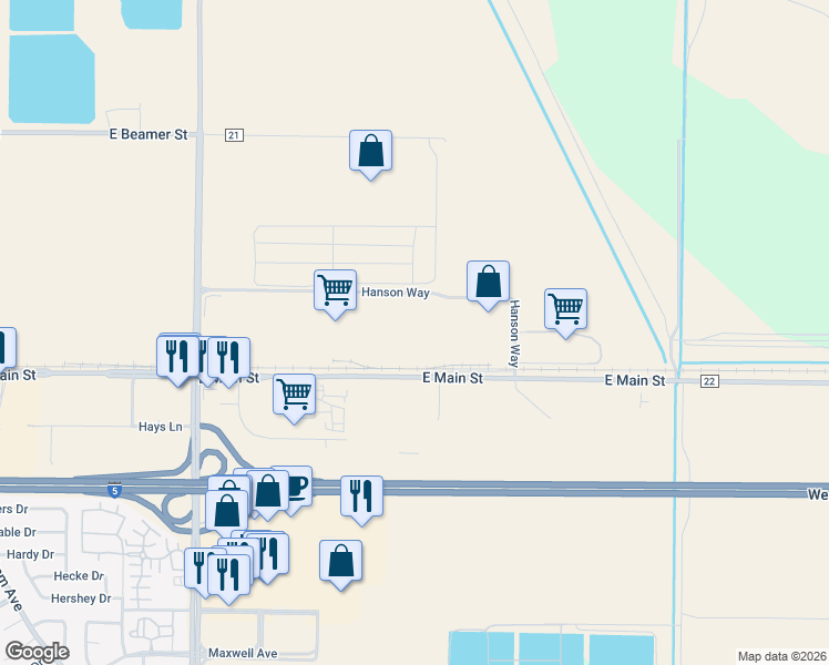 map of restaurants, bars, coffee shops, grocery stores, and more near 2190 Hanson Way in Woodland