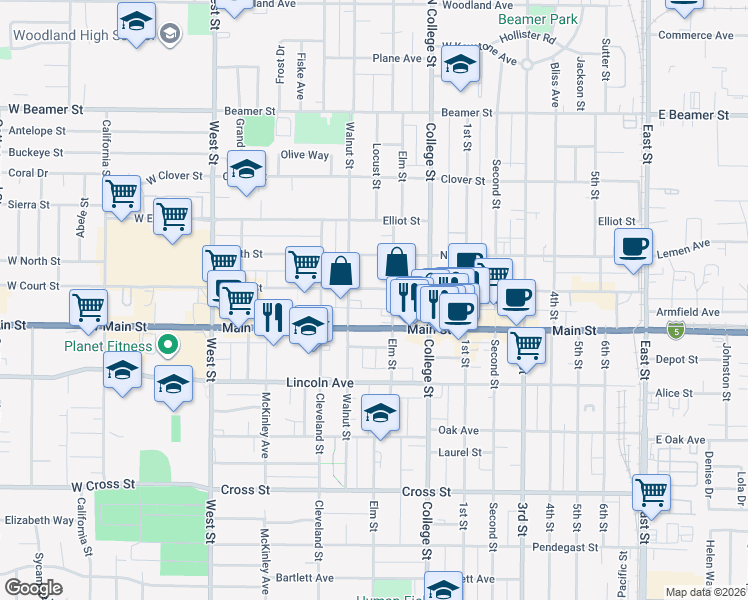 map of restaurants, bars, coffee shops, grocery stores, and more near 326 West Court Street in Woodland