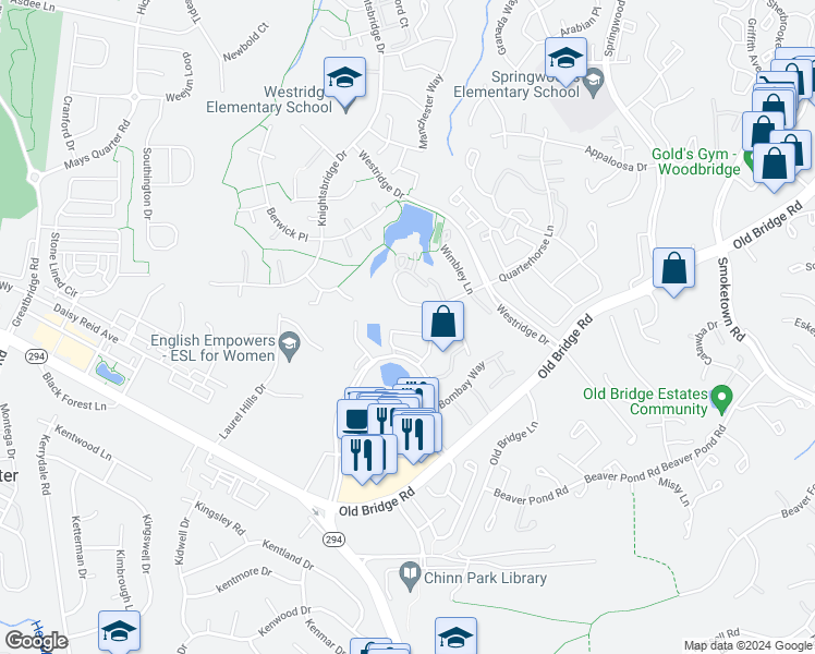 map of restaurants, bars, coffee shops, grocery stores, and more near 12836 Silvia Loop in Woodbridge