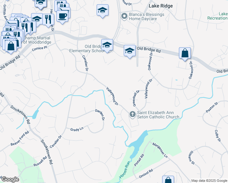 map of restaurants, bars, coffee shops, grocery stores, and more near 12836 Valleywood Drive in Woodbridge