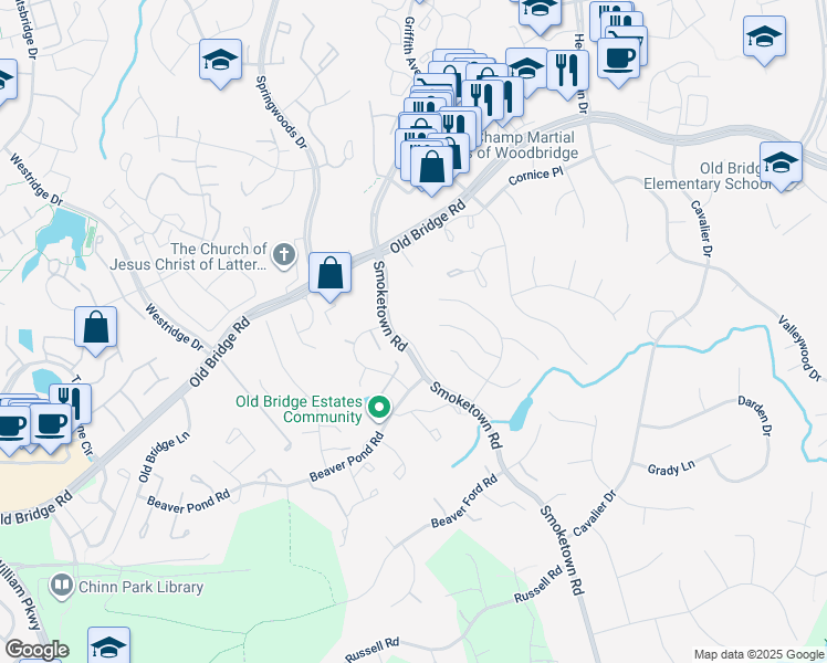 map of restaurants, bars, coffee shops, grocery stores, and more near 3578 Veronica Lane in Woodbridge