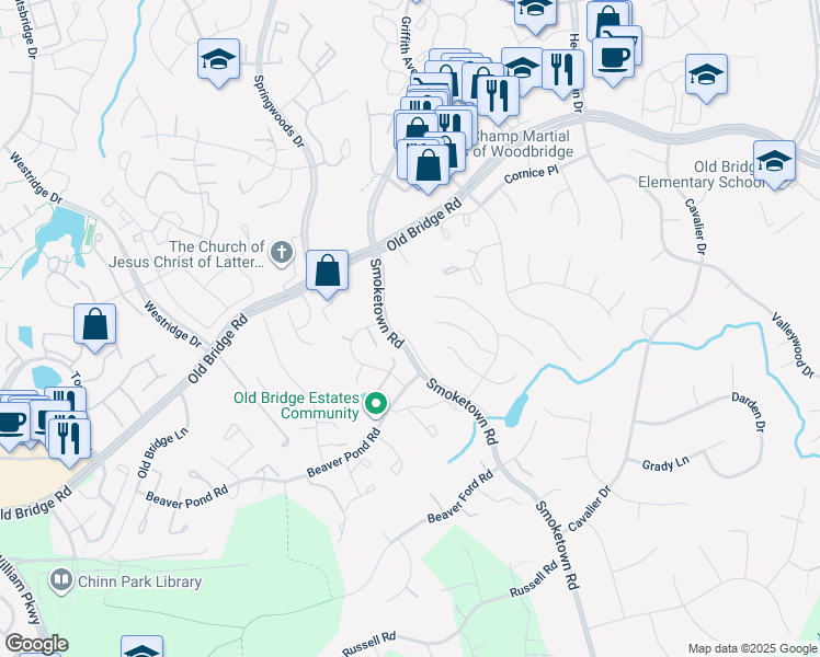 map of restaurants, bars, coffee shops, grocery stores, and more near 3578 Veronica Lane in Woodbridge