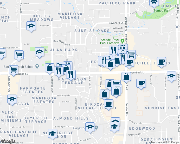 map of restaurants, bars, coffee shops, grocery stores, and more near 7761 Greenback Lane in Citrus Heights