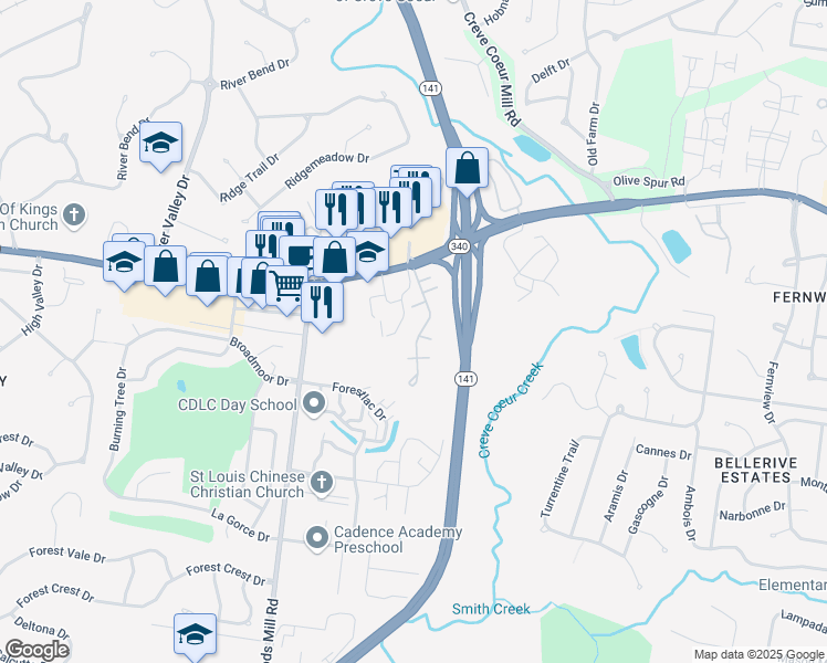 map of restaurants, bars, coffee shops, grocery stores, and more near 1051 Woodlake Village Drive in St. Louis