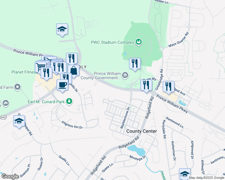 map of restaurants, bars, coffee shops, grocery stores, and more near 4893 Prince William Parkway in Woodbridge
