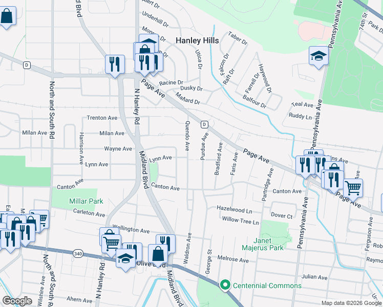 map of restaurants, bars, coffee shops, grocery stores, and more near 1616 Quendo Avenue in University City