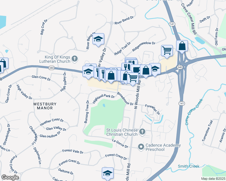 map of restaurants, bars, coffee shops, grocery stores, and more near 620 Broadmoor Drive in Chesterfield