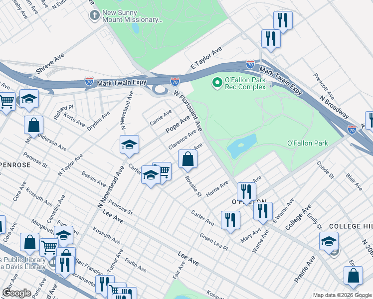 map of restaurants, bars, coffee shops, grocery stores, and more near 4556 Clarence Avenue in St. Louis