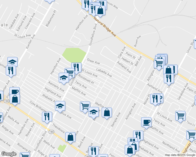 map of restaurants, bars, coffee shops, grocery stores, and more near 5638 Saint Louis Avenue in St. Louis