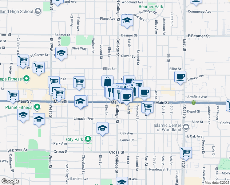 map of restaurants, bars, coffee shops, grocery stores, and more near 501 Court Street in Woodland