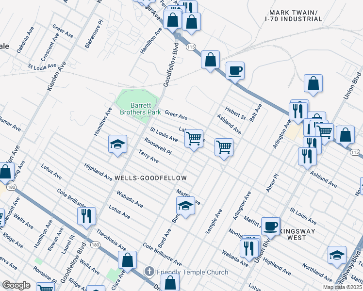 map of restaurants, bars, coffee shops, grocery stores, and more near 5653 Saint Louis Avenue in St. Louis