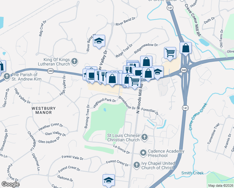 map of restaurants, bars, coffee shops, grocery stores, and more near 100 Four Seasons Shopping Center in Chesterfield