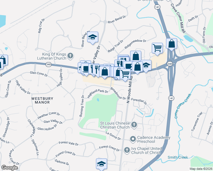 map of restaurants, bars, coffee shops, grocery stores, and more near 100 Four Seasons Shopping Center in Chesterfield