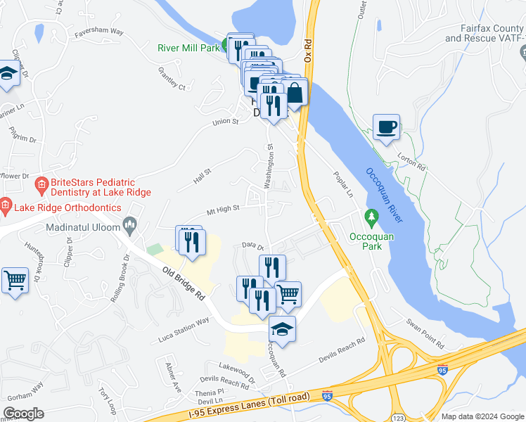 map of restaurants, bars, coffee shops, grocery stores, and more near 92 Washington Street in Occoquan