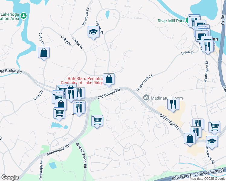 map of restaurants, bars, coffee shops, grocery stores, and more near Old Bridge Rd & Clipper Dr in Lake Ridge