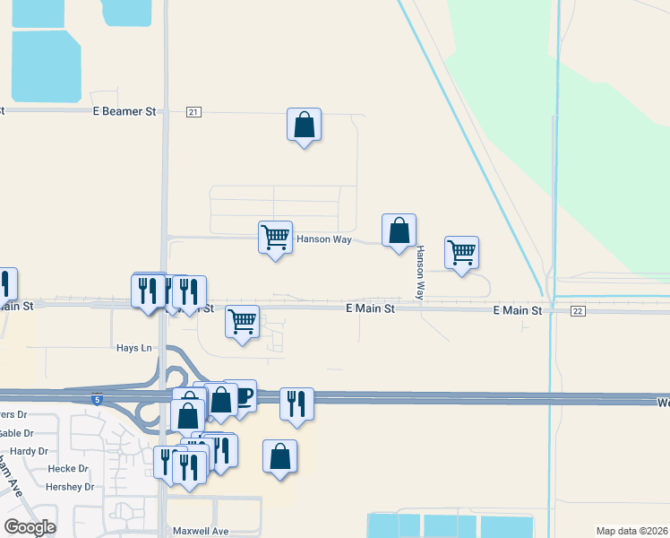 map of restaurants, bars, coffee shops, grocery stores, and more near 2190 Hanson Way in Woodland