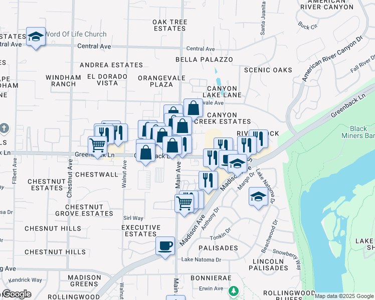 map of restaurants, bars, coffee shops, grocery stores, and more near 6220 Main Avenue in Orangevale