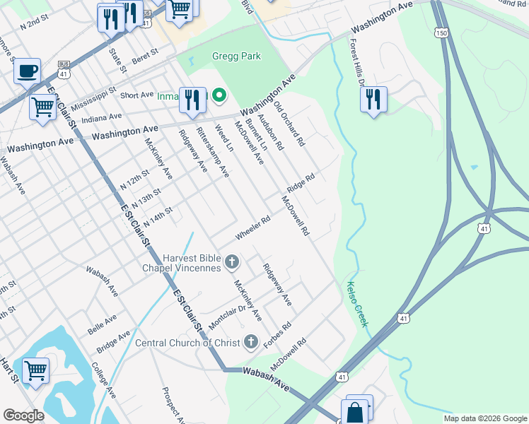 map of restaurants, bars, coffee shops, grocery stores, and more near 1602 Weed Lane in Vincennes